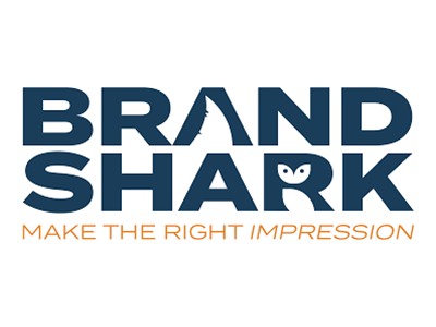 BRAND SHARK logo with the tagline "MAKE THE RIGHT IMPRESSION" in orange text.