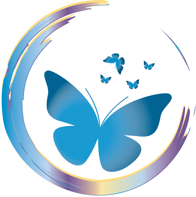 Blue butterfly with smaller butterflies inside a circular rainbow-colored design.