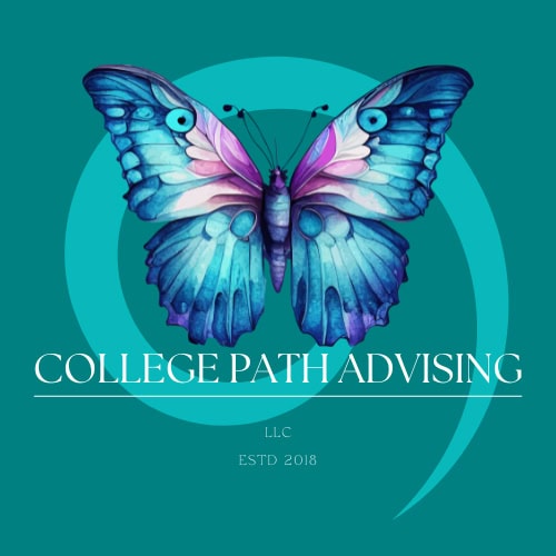 Colorful blue and purple butterfly with text 'College Path Advising' and 'ESTD 2018'.