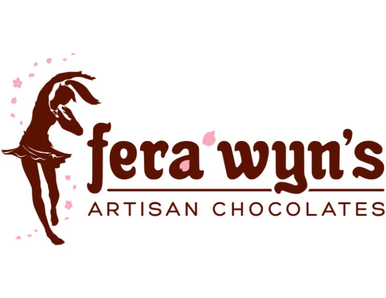 Fera Wyn's Artisan Chocolates logo with a ballerina figure and pink cherry blossom petals.
