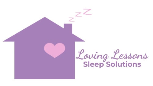 Purple house with a pink heart and 'Loving Lessons Sleep Solutions' text.