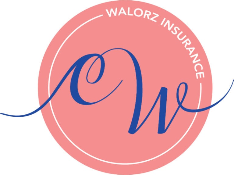 WALORZ INSURANCE logo with a pink background and blue cursive initials CW.