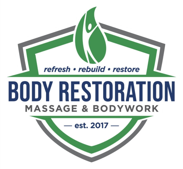 Body Restoration logo with green flame and shield design.