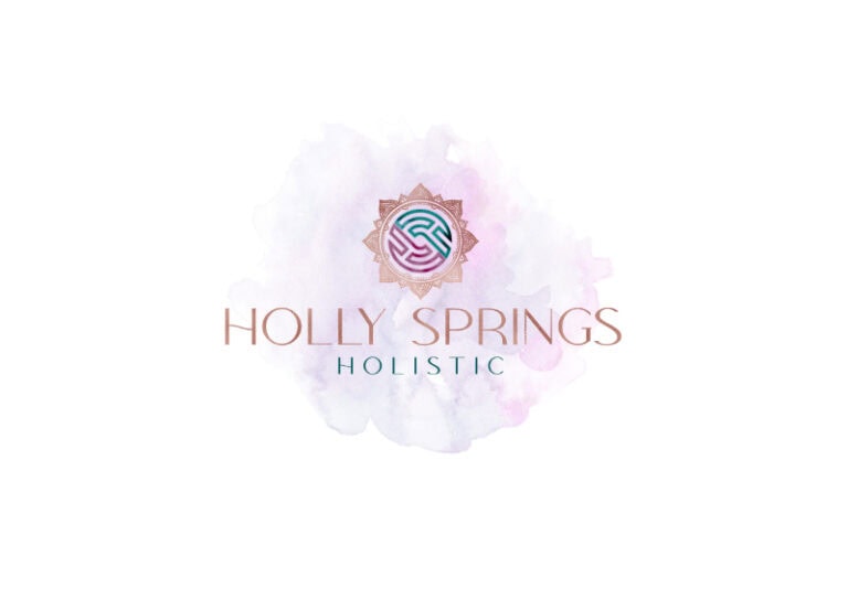 Holly Springs Holistic logo with a circular emblem and watercolor background.