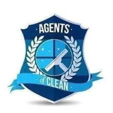 Agents of Clean badge with shield, laurel wreath, and blue ribbon.