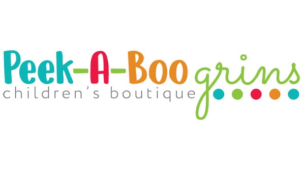 Peek-A-Boo Grins children's boutique logo with colorful text and dots.