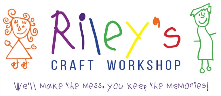 Colorful hand-drawn logo with a girl and boy, 'Riley's Craft Workshop' text.