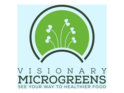 Logo with green circle and white plant inside, 'VISIONARY MICROGREENS' text below.