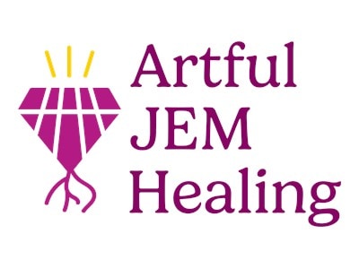 Artful JEM Healing logo with a purple gemstone and yellow rays above.