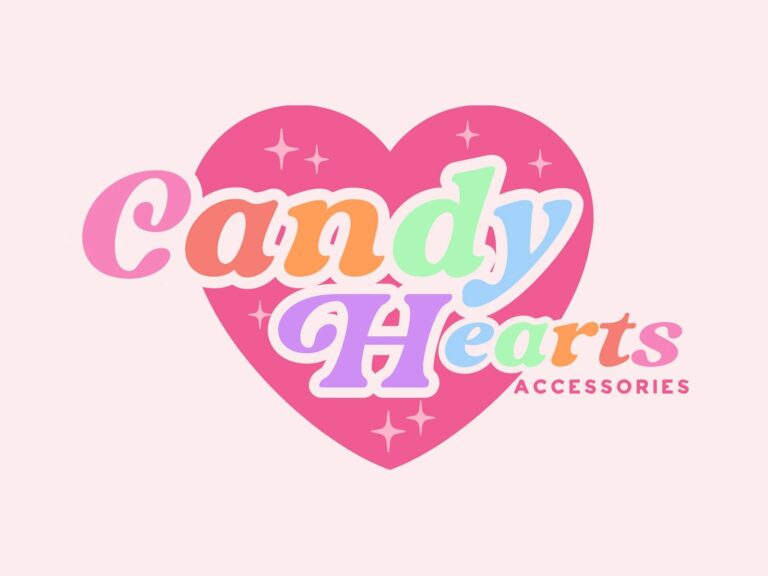 Candy Hearts Accessories logo with colorful text inside a pink heart.