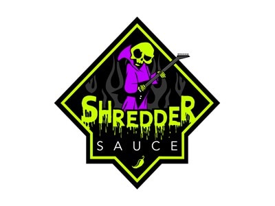 Shredder Sauce logo with a purple skeleton playing guitar and green dripping text.