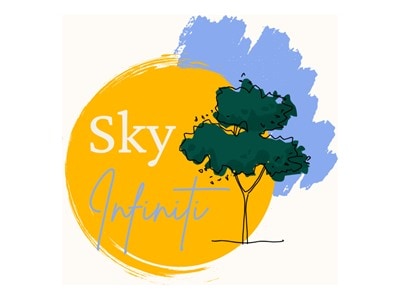 Sky Infiniti logo with a yellow circle, blue brush strokes, and a tree illustration.