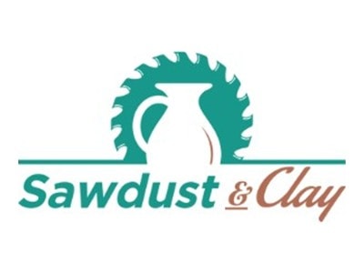 Sawdust & Clay logo with a gear and a pottery vase illustration.