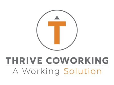 T logo inside a circle with the text "THRIVE COWORKING" and "A Working Solution" below.