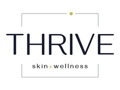 THRIVE skin wellness logo with text and design elements.
