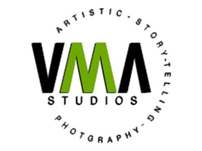 VMA Studios logo with green and black text, circular design, and the words "Artistic," "Storytelling.